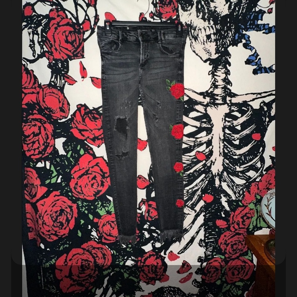 Zara Black Skinny Jeans with Red Rose Detail